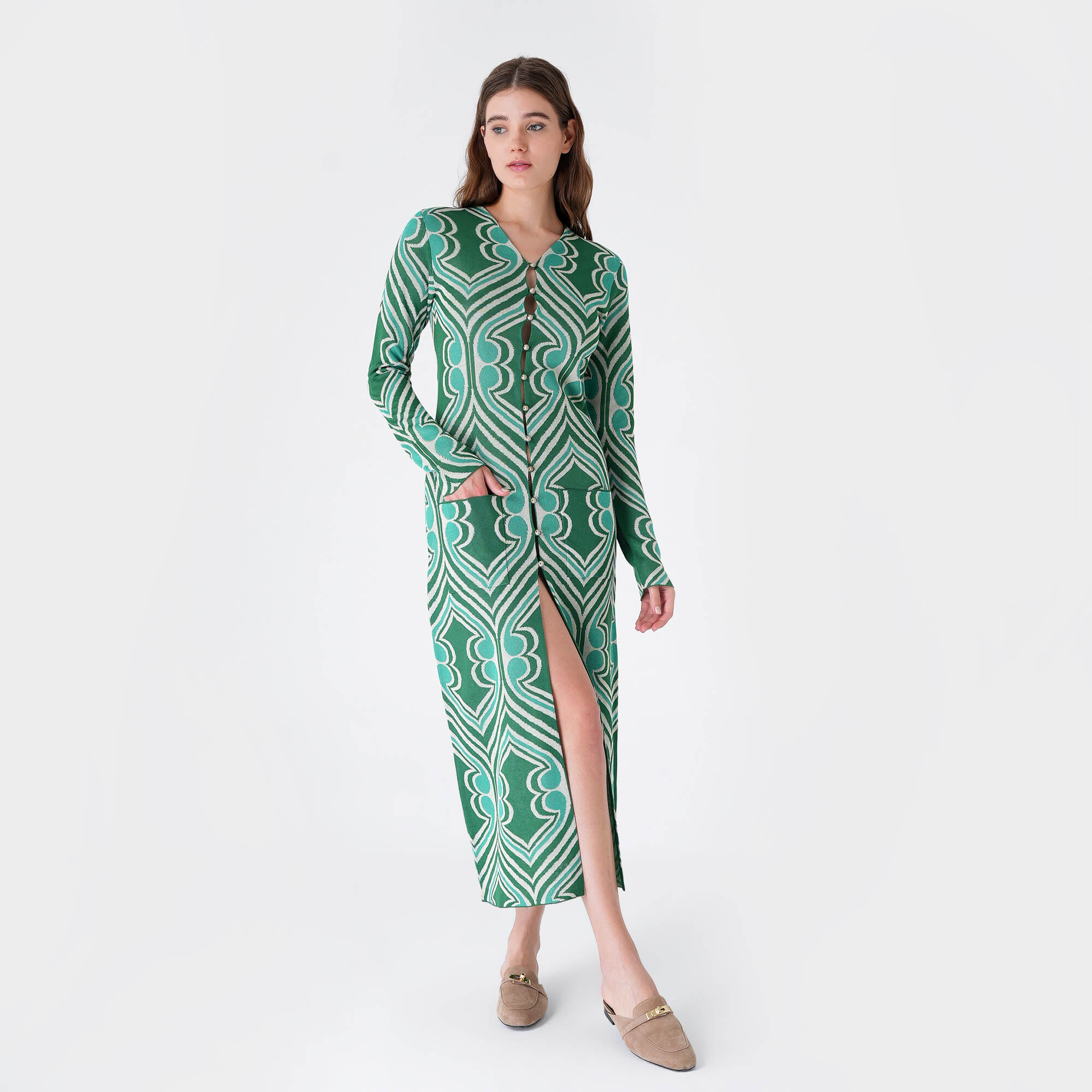 Etro - Green&White Viscose Knitted Kaftan Dress